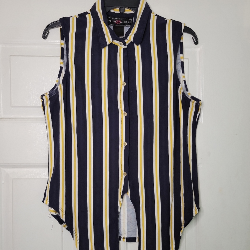 Polly & Esther Blue/Gold Sleeveless Button Down Top sz Medium